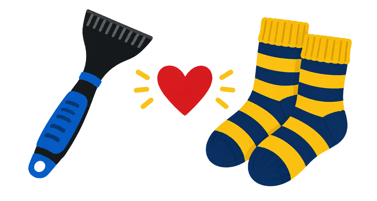 An ice scraper and a pair of warm socks connected by a heart