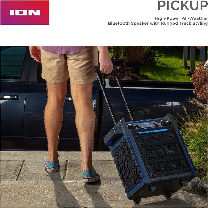 ION Audio Pickup Bluetooth Speaker being pulled by a man to his truck