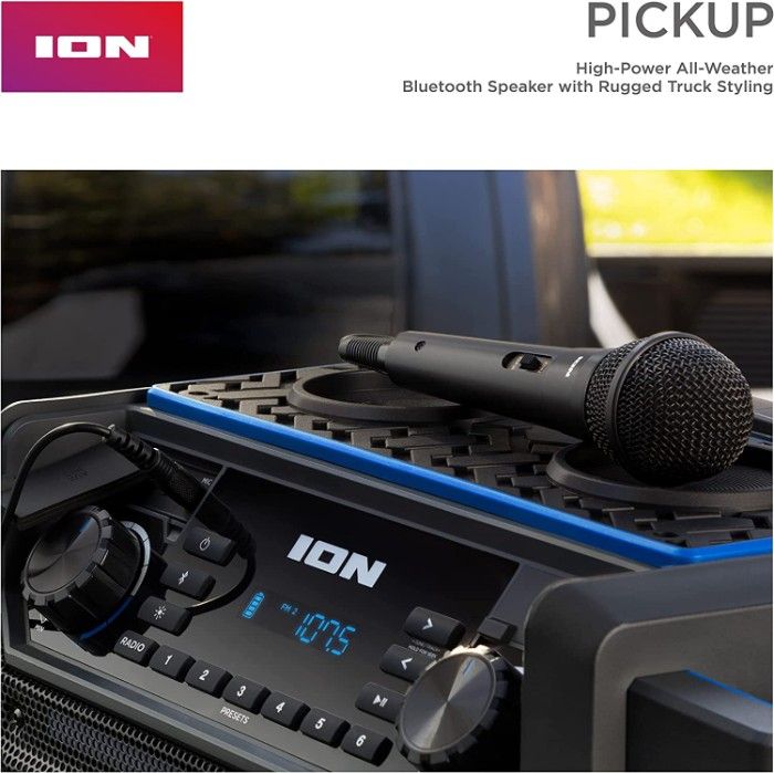 ION Audio Pickup Bluetooth Speaker's top with a microphone